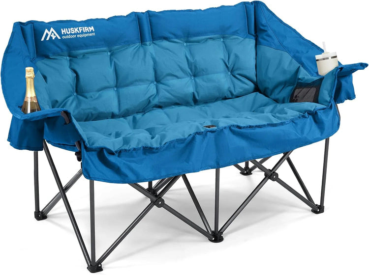 Double Camping Chairs Padded Loveseat Chair for 2 Person - Heavy Duty Oversized Camping Couch for Adults Outdoor Lawn Beach - Portable Folding Sofa with Cup Holders and Carry Bag, Grey