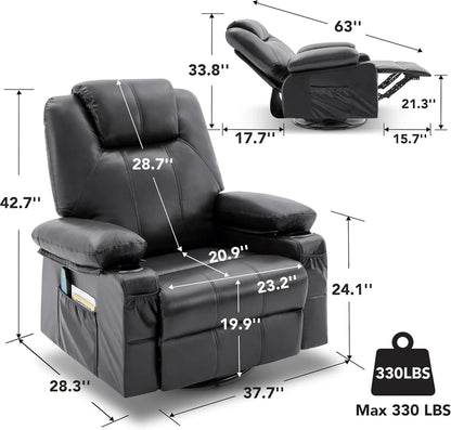 Oversized Swivel Rocker Recliner Chair with Heat and Massage, 360 Degree Swivel Rocking Single Sofa with Cup Holders and USB Port, Large Big Recliner Chair for Living Room (Leather, Brown)