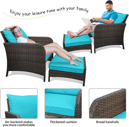 LEVELEVE Balcony Furniture 5 Piece Patio Conversation Set, PE Wicker Rattan Outdoor Lounge Chairs with Soft Cushions 2 Ottoman&Glass Table for Porch, Lawn-Brown Wicker