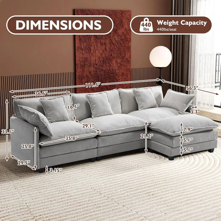 111.4 Inch L-Shaped Modern Sofa Modular Cloud Sofa Ottoman 4-Seater Chenille Deep Seat Sofa