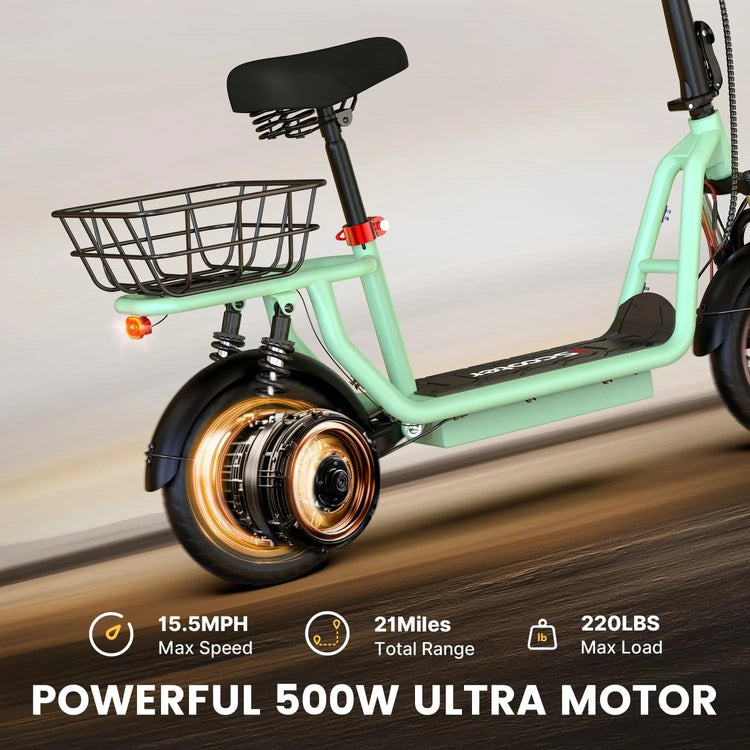 iScooter electric scooter with seat, 37/21 mile range, 28/19/15.6 mph top speed, dual suspension scooter with basket