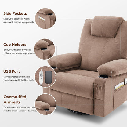 Oversized Swivel Rocker Recliner Chair with Heat and Massage, 360 Degree Swivel Rocking Single Sofa with Cup Holders and USB Port, Large Big Recliner Chair for Living Room (Leather, Brown)