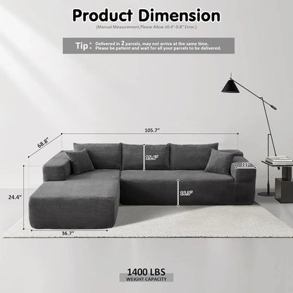 ovios 104" Cloud Sectional Couch with L-Shape Chaise,Modern Modular Sofa with Deep Seat, Upholstered Couches for Living Room Bedroom,No Assembly Required, Grey (Plush Corduroy Fabric)