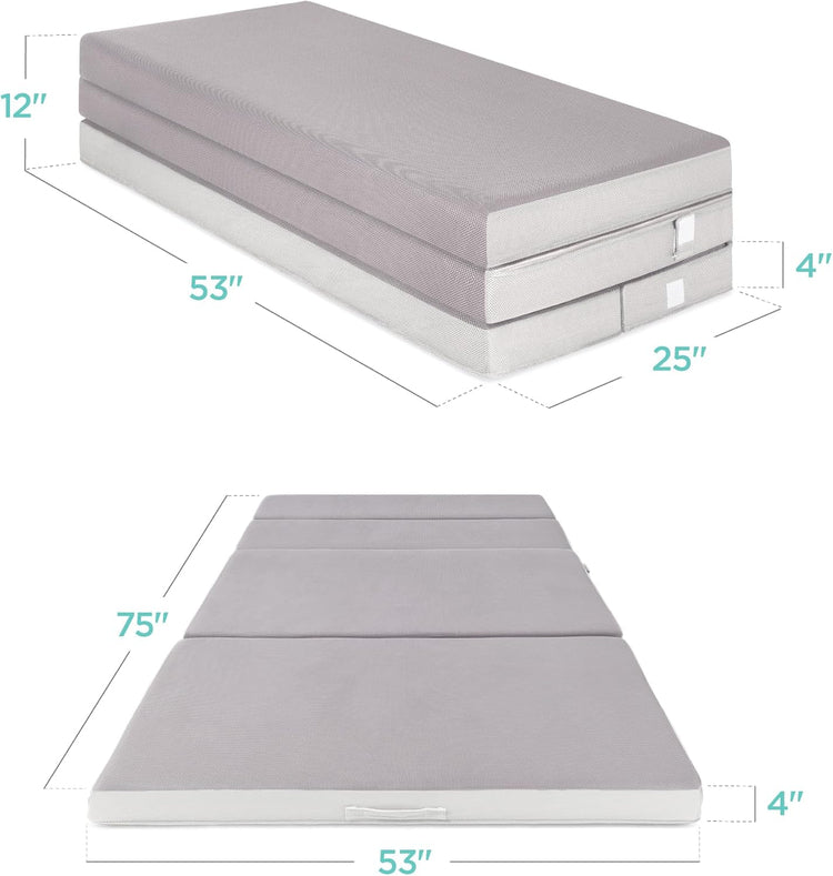 Best Choice Products 4in Portable Queen-Size Mattress, Tri-Fold Mattress for Camping, Guest, Toddler, Foam Plush w/Carry Case - Grey