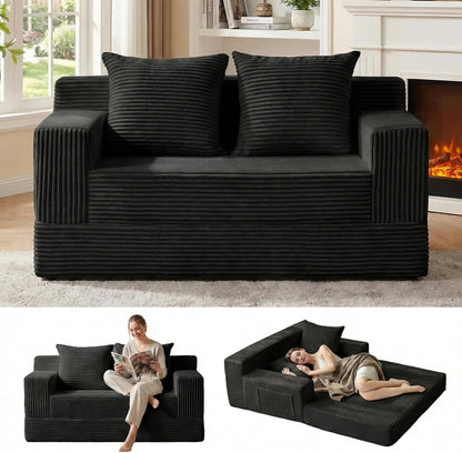 Loveseat Boneless Convertible Sofa Bed, Folding Floor Futon Sleeper Sofa Couch Bed- Boneless Foldable Couch, Corduroy Pull Out Sofa Bed with 2 Pillows for Living Room & Bedroom