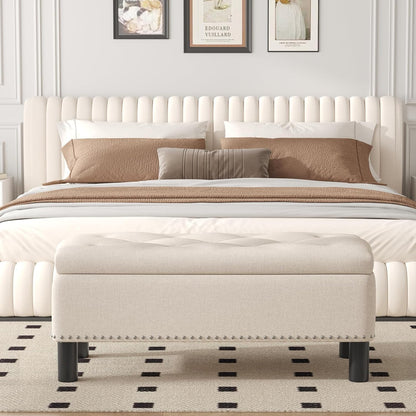 Furniliving Modern Storage Ottoman Bench, Sherpa Ottoman End of Bed Bench with Solid Wood Legs Upholstered Ottoman Benches with Storage Indoor Bench for Living Room with Rolled Arm, Entryway, White