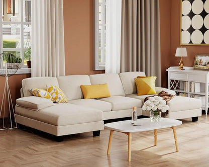 Furmax Sectional Couches for Living Room, U-Shaped Sofa Couch with Linen Fabric, 4 Seat Sofa Set with Double Chaise for Apartment (Fabric, Grey)