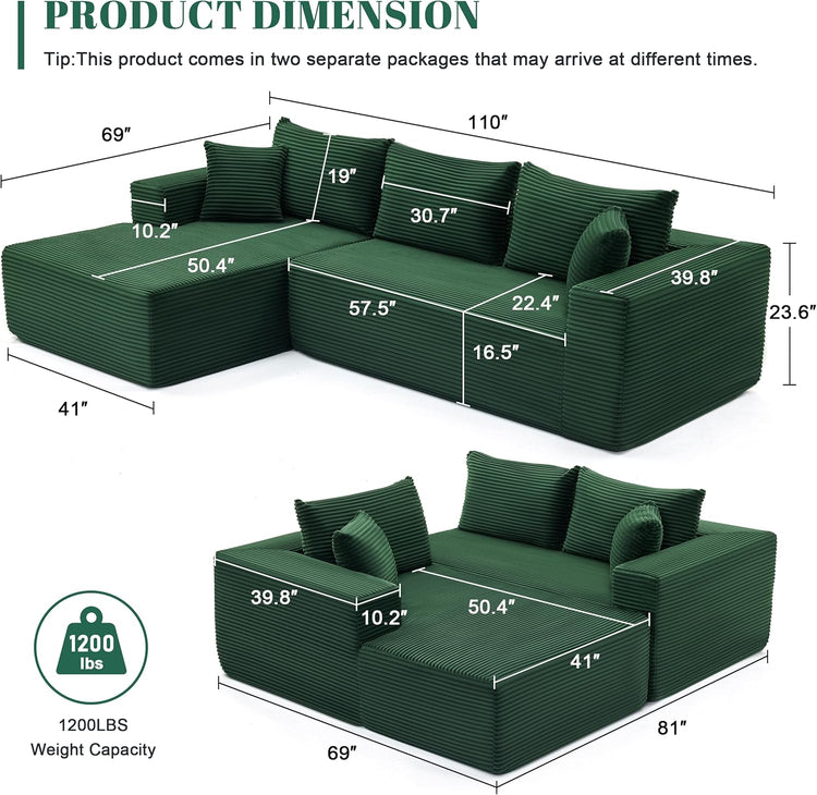110 Cloud Sectional Couch, Boneless Sofa for Living Room Modular Sectional Sofa with Deep Seat