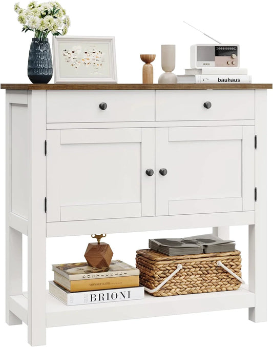 HOSTACK Farmhouse Console Table with 2-Door Cabinet & 2 Drawers, Coffee Bar, Entryway Table with Storage Shelf, Sofa Tables Buffet Sideboard for Kitchen, Hallway, Dining, Living Room, Rustic Brown