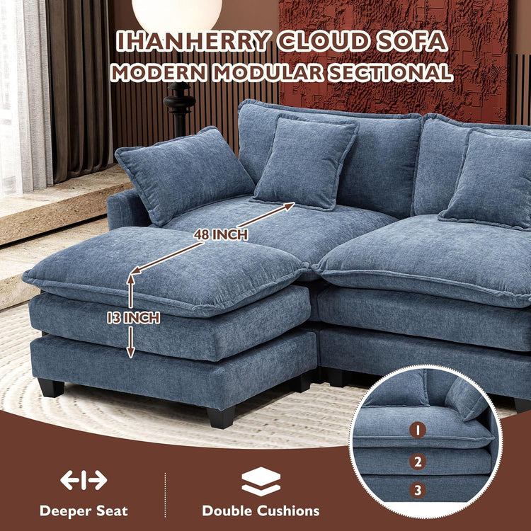 111.4 Inch L-Shaped Modern Sofa Modular Cloud Sofa Ottoman 4-Seater Chenille Deep Seat Sofa