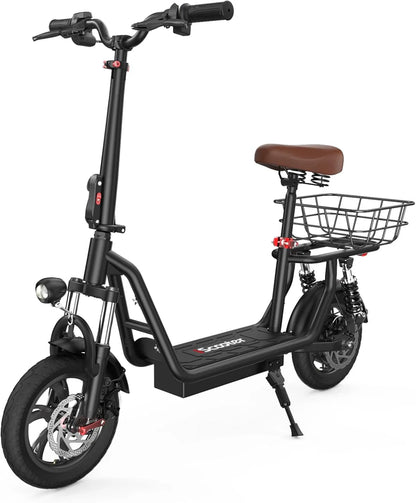 iScooter electric scooter with seat, 37/21 mile range, 28/19/15.6 mph top speed, dual suspension scooter with basket