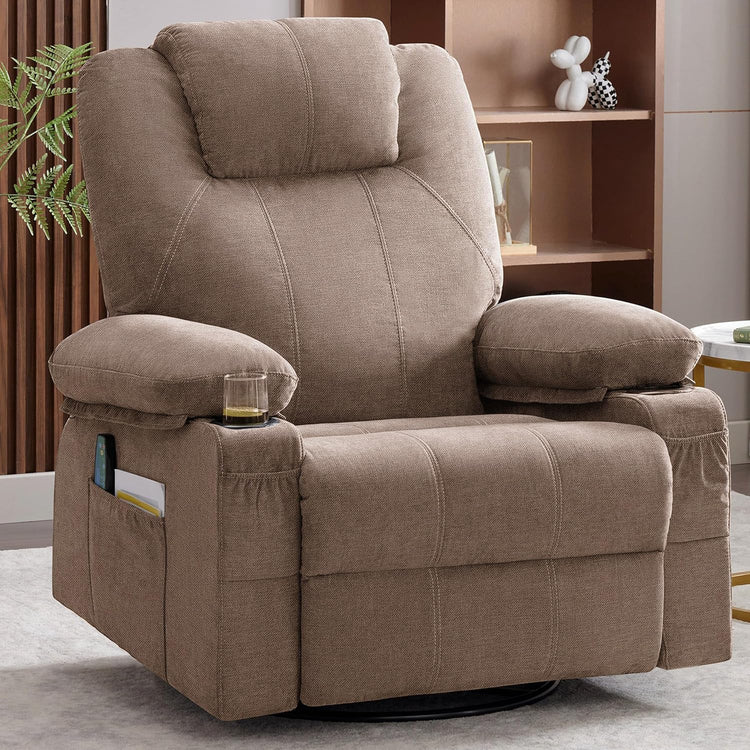Oversized Swivel Rocker Recliner Chair with Heat and Massage, 360 Degree Swivel Rocking Single Sofa with Cup Holders and USB Port, Large Big Recliner Chair for Living Room (Leather, Brown)