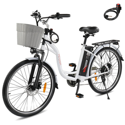 PEXMOR Electric Bike for Adults 350W (Peak 500W) City Commuter Ebike 36V 12.5AH Removable Battery 26" Cruiser Electric Bicycle Shimano 6-Speed | Dual Shock Absorber | Basket