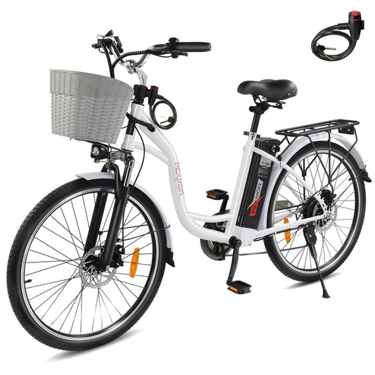 PEXMOR Electric Bike for Adults 350W (Peak 500W) City Commuter Ebike 36V 12.5AH Removable Battery 26" Cruiser Electric Bicycle Shimano 6-Speed | Dual Shock Absorber | Basket