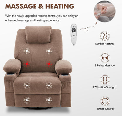 Oversized Swivel Rocker Recliner Chair with Heat and Massage, 360 Degree Swivel Rocking Single Sofa with Cup Holders and USB Port, Large Big Recliner Chair for Living Room (Leather, Brown)