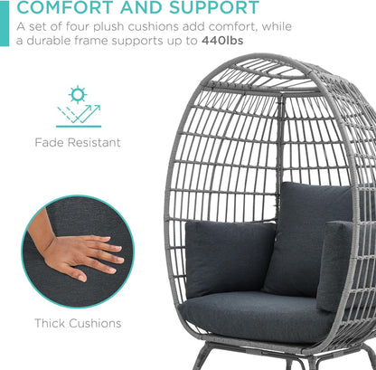 Best Choice Products Wicker Egg Chair Oversized Indoor Outdoor Lounger for Patio Backyard Living Room w/ 4 Cushions Steel Frame 440lb Capacity - Ivory