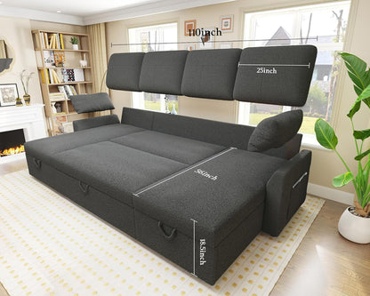 VanAcc Sofa Bed, Sleeper Sofa with Storage Chaise 2 in 1 Pull Out Couch Living Room