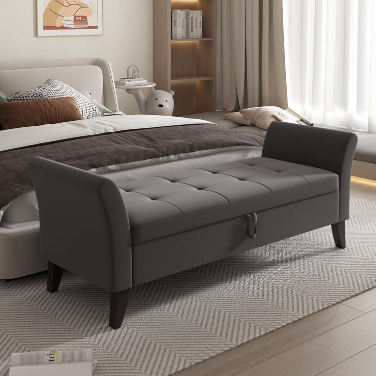 Furniliving Modern Storage Ottoman Bench, Sherpa Ottoman End of Bed Bench with Solid Wood Legs Upholstered Ottoman Benches with Storage Indoor Bench for Living Room with Rolled Arm, Entryway, White