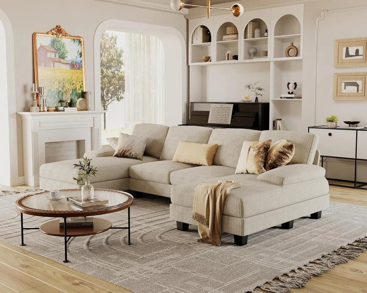 Furmax Sectional Couches for Living Room, U-Shaped Sofa Couch with Linen Fabric, 4 Seat Sofa Set with Double Chaise for Apartment (Fabric, Grey)