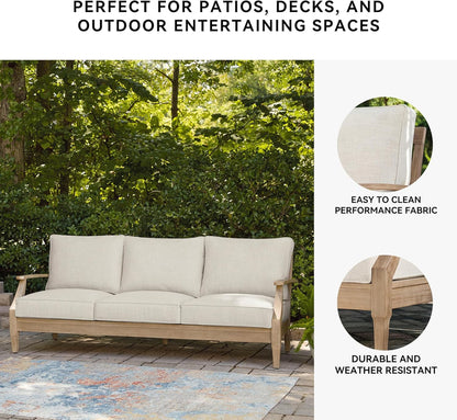 Signature Design by Ashley Clare View Coastal Outdoor Patio Eucalyptus Sofa with Cushions, Beige