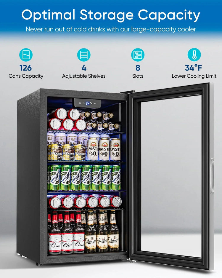 Beverage Refrigerator Cooler - 126 Can Mini Fridge Glass Door for Drinks Soda Beer Wine - Small Refrigerator for Office Bedroom Home Bar, 4 Adjustable Shelves, 3.2 Cu.Ft, Silver