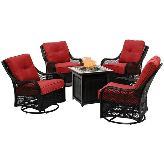 2025 5-Piece Steel Patio Fire Pit Conversation Set with Navy Blue Cushions, Swivel Gliders and Square Fire Pit Table
