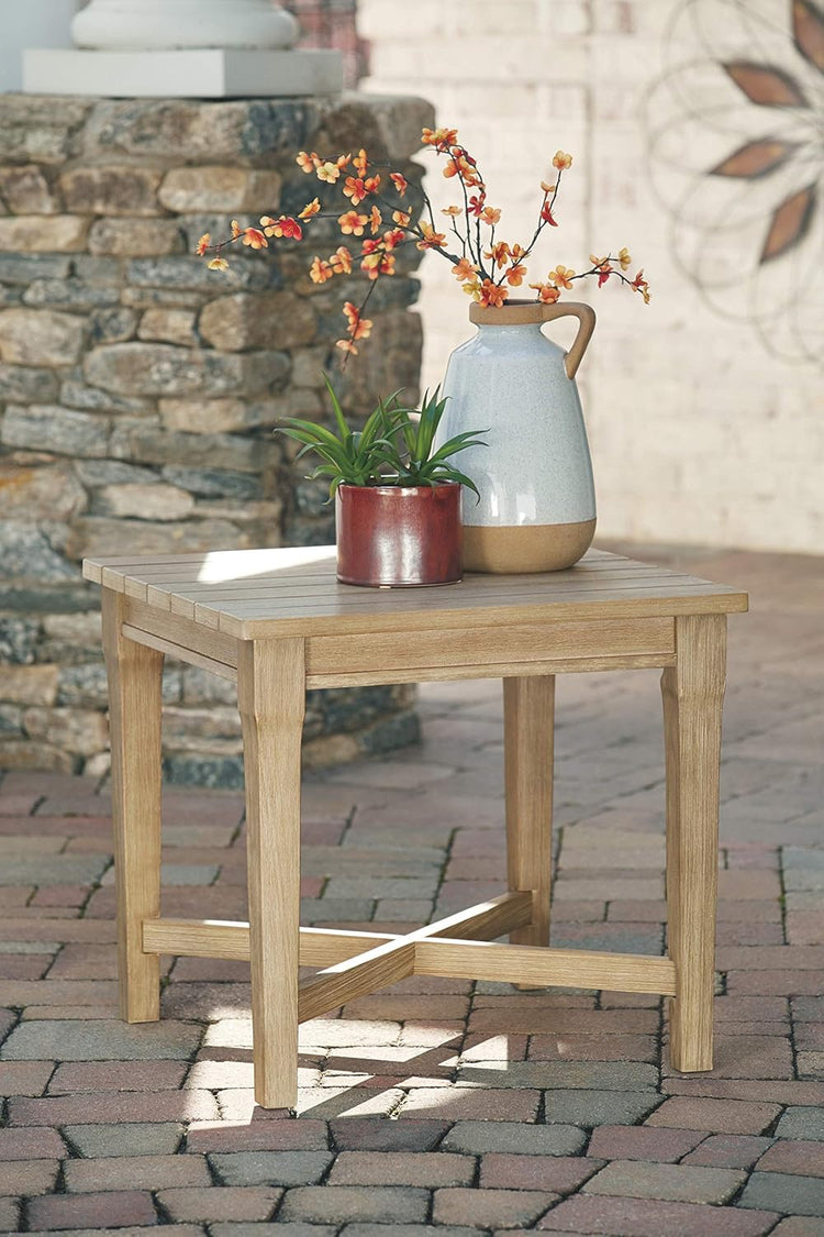 Signature Design by Ashley Clare View Coastal Outdoor Patio Eucalyptus Sofa with Cushions, Beige