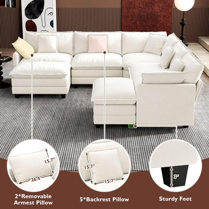 Ihanherry 146" U-Shaped Modern Sofa Modular Sectional Cloud Couch with 2 Ottoman, 6-Seat Chenille Deep Seat Sofa with 6 Pillows for Living Room, Bedroom and Apartment, Grey