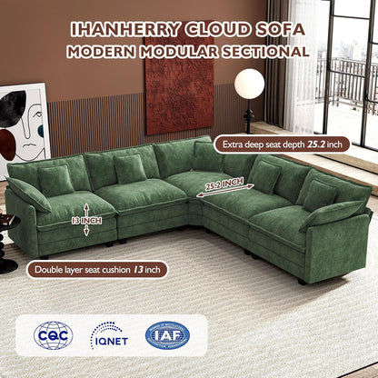 Ihanherry 146" U-Shaped Modern Sofa Modular Sectional Cloud Couch with 2 Ottoman, 6-Seat Chenille Deep Seat Sofa with 6 Pillows for Living Room, Bedroom and Apartment, Grey