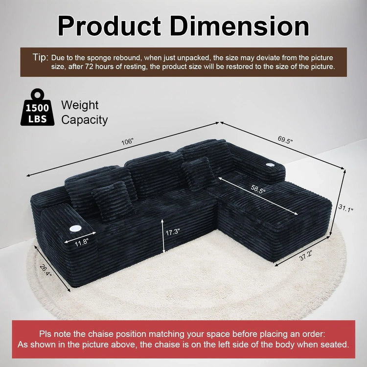 Cloud Sectional Couch with L-Shape Chaise Modern Modular Sofa Deep Seat Built-in Cup Holder