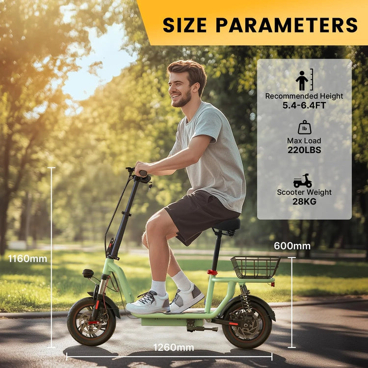 iScooter electric scooter with seat, 37/21 mile range, 28/19/15.6 mph top speed, dual suspension scooter with basket