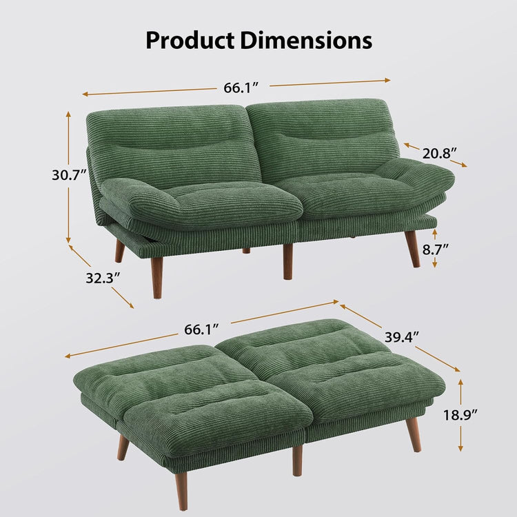 Pipishell Convertible Futon Sofa Bed,66" Corduroy Futon Couch with Adjustable Backrest and Armrests, Recliner Sleeper Sofa for Small Spaces, Play Room or Office, Grey