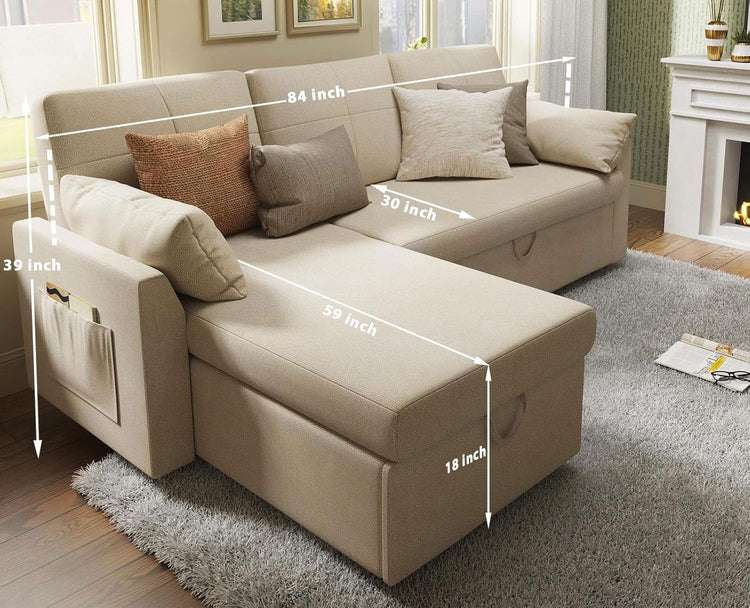 VanAcc Sofa Bed, Sleeper Sofa with Storage Chaise 2 in 1 Pull Out Couch Living Room