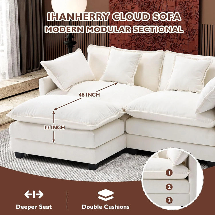 Ihanherry 146" U-Shaped Modern Sofa Modular Sectional Cloud Couch with 2 Ottoman, 6-Seat Chenille Deep Seat Sofa with 6 Pillows for Living Room, Bedroom and Apartment, Grey