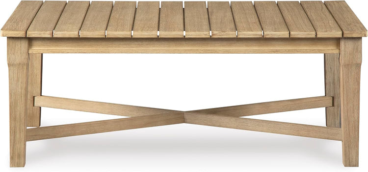 Signature Design by Ashley Clare View Coastal Outdoor Patio Eucalyptus Sofa with Cushions, Beige