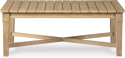 Signature Design by Ashley Clare View Coastal Outdoor Patio Eucalyptus Sofa with Cushions, Beige