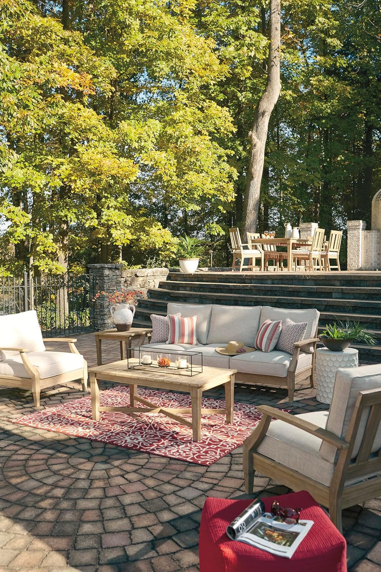 Signature Design by Ashley Clare View Coastal Outdoor Patio Eucalyptus Sofa with Cushions, Beige