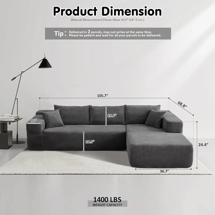 ovios 104" Cloud Sectional Couch with L-Shape Chaise,Modern Modular Sofa with Deep Seat, Upholstered Couches for Living Room Bedroom,No Assembly Required, Grey (Plush Corduroy Fabric)