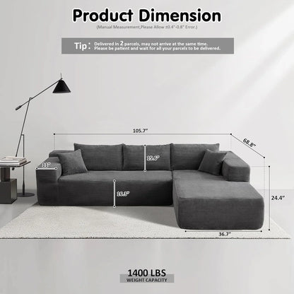 ovios 104" Cloud Sectional Couch with L-Shape Chaise,Modern Modular Sofa with Deep Seat, Upholstered Couches for Living Room Bedroom,No Assembly Required, Grey (Plush Corduroy Fabric)