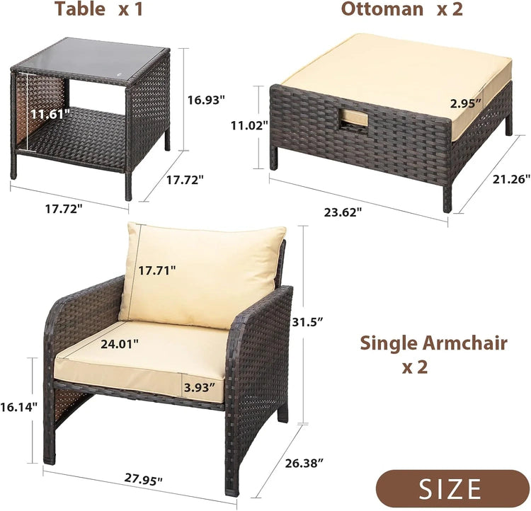 LEVELEVE Balcony Furniture 5 Piece Patio Conversation Set, PE Wicker Rattan Outdoor Lounge Chairs with Soft Cushions 2 Ottoman&Glass Table for Porch, Lawn-Brown Wicker