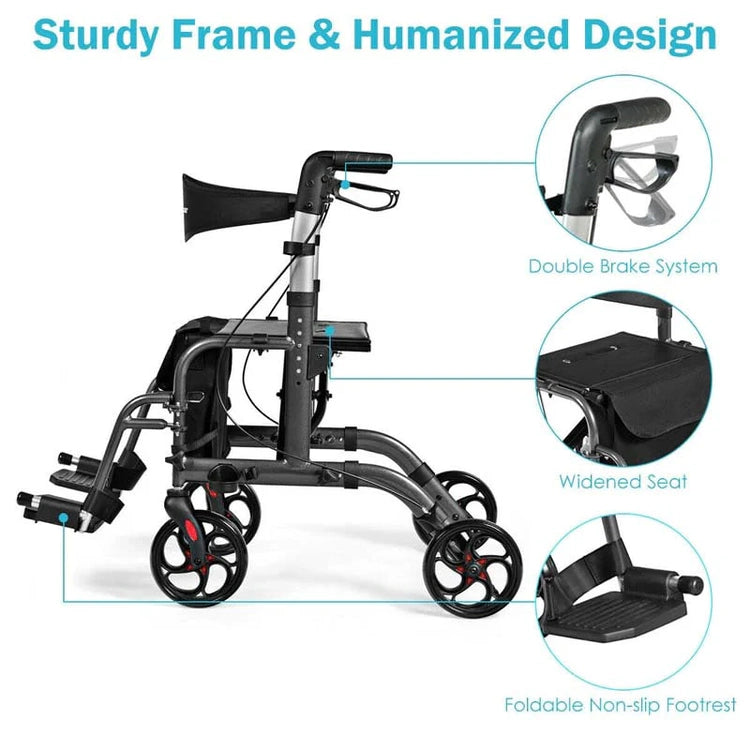 2 In 1 Rollator Walker Wheelchair Folding Medical Walker Aluminum Transport Chair Mobility Walking Aid - Comfortable And Ergonomic Design