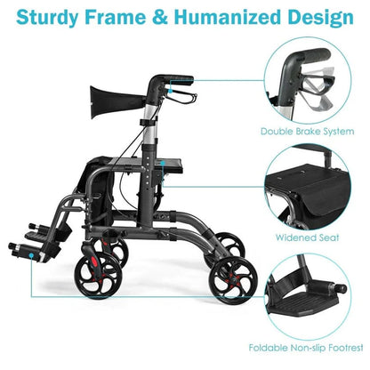 2 In 1 Rollator Walker Wheelchair Folding Medical Walker Aluminum Transport Chair Mobility Walking Aid - Comfortable And Ergonomic Design