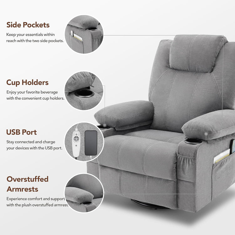 Oversized Swivel Rocker Recliner Chair with Heat and Massage, 360 Degree Swivel Rocking Single Sofa with Cup Holders and USB Port, Large Big Recliner Chair for Living Room (Leather, Brown)