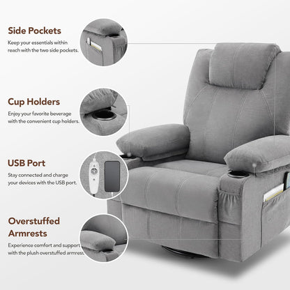 Oversized Swivel Rocker Recliner Chair with Heat and Massage, 360 Degree Swivel Rocking Single Sofa with Cup Holders and USB Port, Large Big Recliner Chair for Living Room (Leather, Brown)
