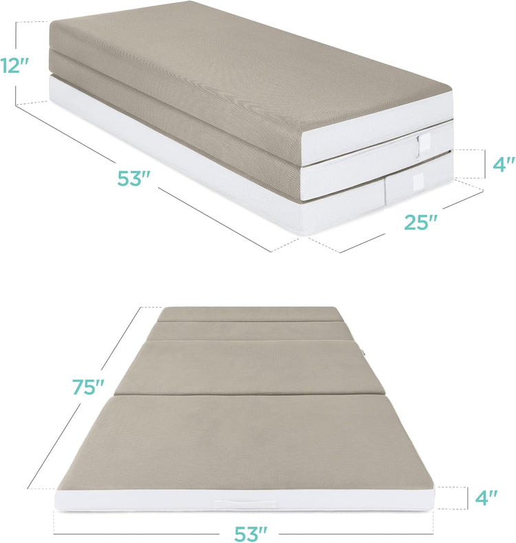 Best Choice Products 4in Portable Queen-Size Mattress, Tri-Fold Mattress for Camping, Guest, Toddler, Foam Plush w/Carry Case - Grey