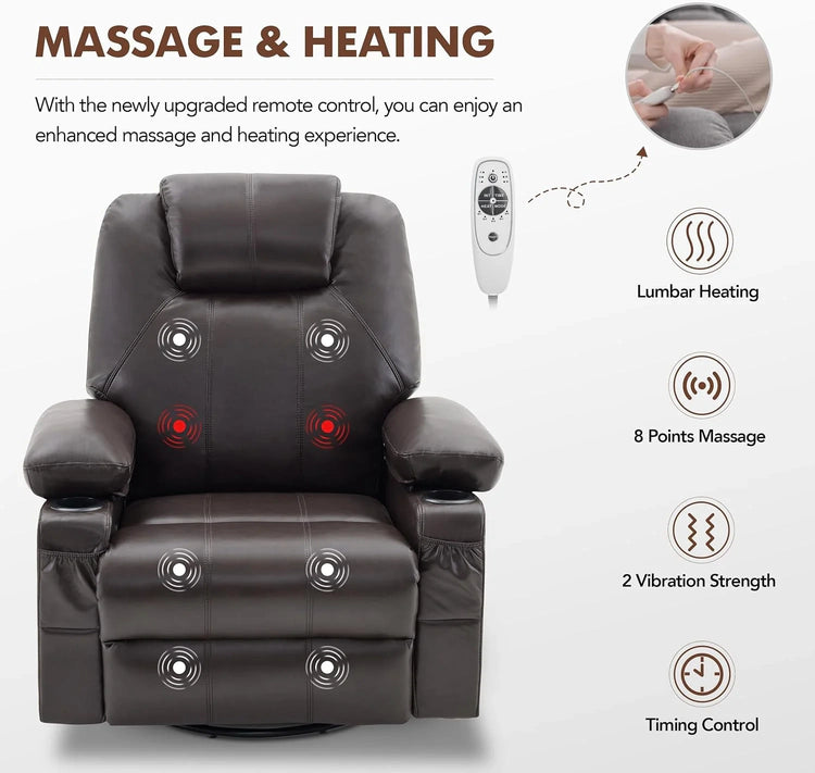 Oversized Swivel Rocker Recliner Chair with Heat and Massage, 360 Degree Swivel Rocking Single Sofa with Cup Holders and USB Port, Large Big Recliner Chair for Living Room (Leather, Brown)