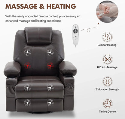 Oversized Swivel Rocker Recliner Chair with Heat and Massage, 360 Degree Swivel Rocking Single Sofa with Cup Holders and USB Port, Large Big Recliner Chair for Living Room (Leather, Brown)