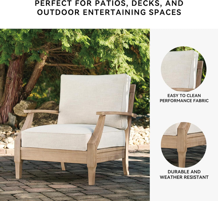 Signature Design by Ashley Clare View Coastal Outdoor Patio Eucalyptus Sofa with Cushions, Beige