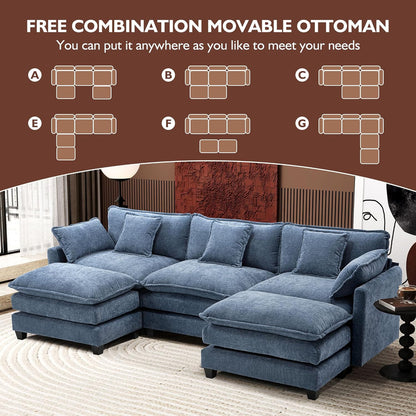 Ihanherry 146" U-Shaped Modern Sofa Modular Sectional Cloud Couch with 2 Ottoman, 6-Seat Chenille Deep Seat Sofa with 6 Pillows for Living Room, Bedroom and Apartment, Grey