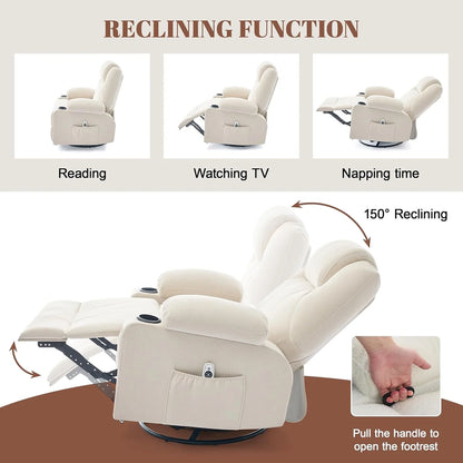 Oversized Swivel Rocker Recliner Chair with Heat and Massage, 360 Degree Swivel Rocking Single Sofa with Cup Holders and USB Port, Large Big Recliner Chair for Living Room (Leather, Brown)